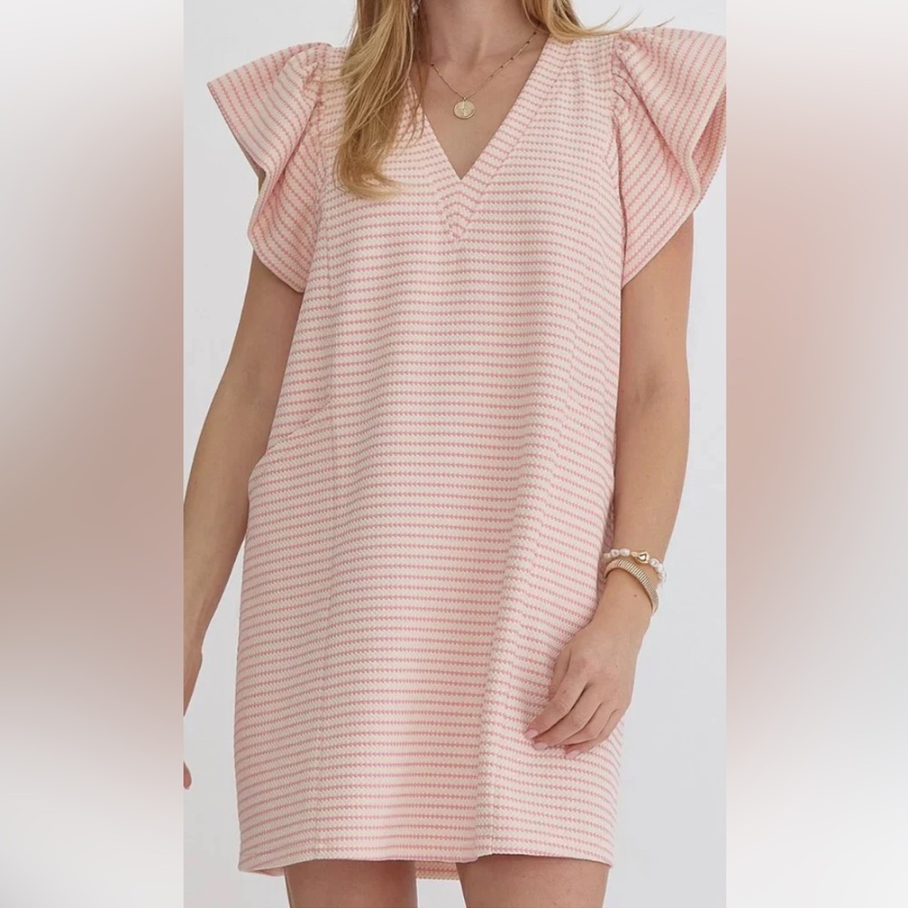 Entro Pink and Tan Mini Dress V-Neck Ruffled Short Sleeve